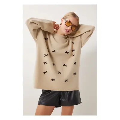 Happiness İstanbul Women's Dark Beige Bow Detail Oversize Knitwear Sweater