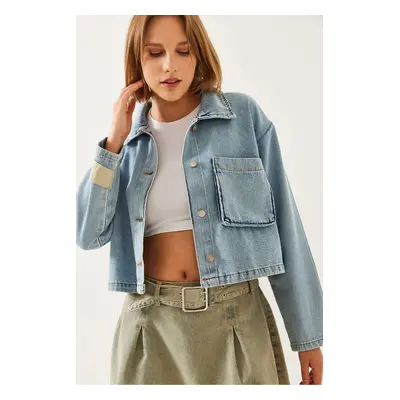 Bianco Lucci Women's Parachute Garnished Crop Denim Jacket