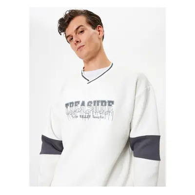 Koton Oversize Sweatshirt V Neck Slogan Printed Sleeve Detail Raised Cotton Blend