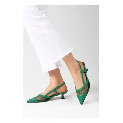 Mio Gusto Diane Green Color Mesh Detailed Open Back Women's Short Heeled Shoes.