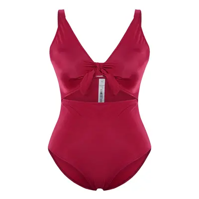 Trendyol Curve Burgundy Deep V Neck Cut-Out Tied Throw Covered Plus Size Swimsuit