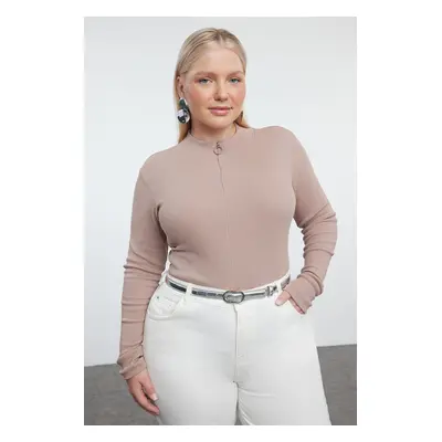 Trendyol Curve Mink Zippered Stand Collar Body-Smoothing Camisole Knitted Plus Size Blouse