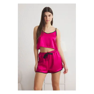 Trendyol Fuchsia Plain Piping Satin Woven Pajama Set