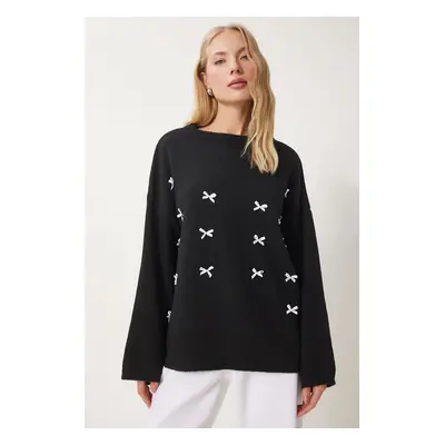 Happiness İstanbul Women's Black Bow Detail Oversize Knitwear Sweater