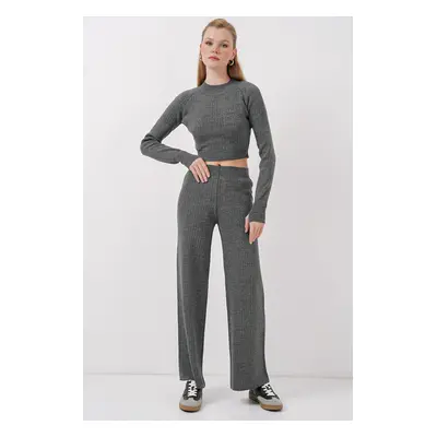 Bigdart Women Crop Sweater Trousers Knitwear Bottom Top Set - Smoke