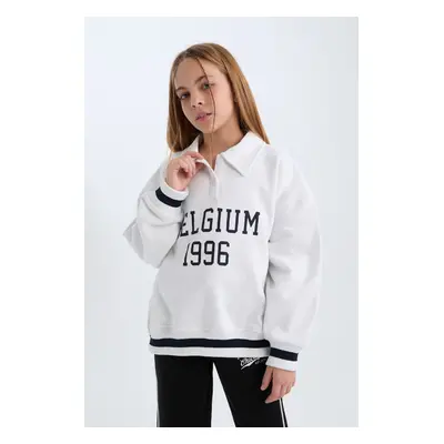 DEFACTO Girl Oversize Wide Pattern Polo Collar Printed Soft Furry Sweatshirt