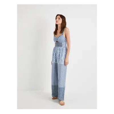 Koton Wide Leg Jumpsuit Patterned Window Detailed Strap Gimped Cotton