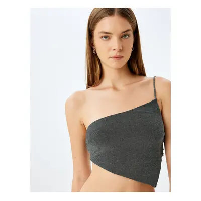 Koton X Inji - Crop Glittery One Shoulder Asymmetrical Cut Slim Fit Blouse