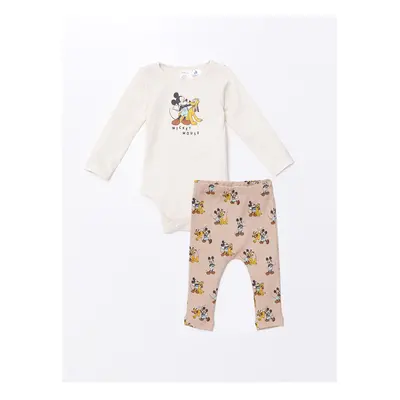 LC Waikiki Lcw Crew Neck Long Sleeve Mickey Mouse Printed Baby Boy Snap Bodysuit and Tights 2-Pi