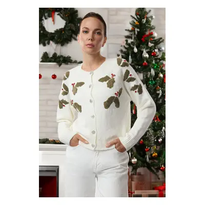 Trendyol Ecru New Year Themed Soft Texture Button Detailed Stone Embroidered Knitted Cardigan