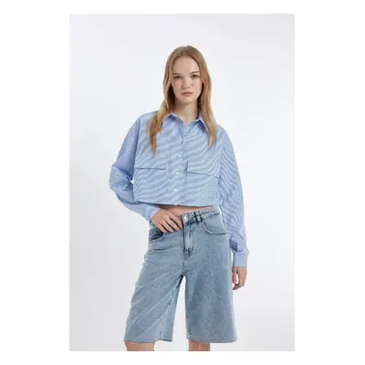 DEFACTO Cool Crop Striped Pocket Poplin Long Sleeve Shirt