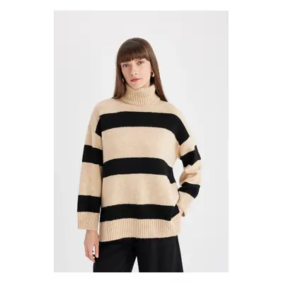 DEFACTO Relax Fit Turtleneck Striped Sweater Tunic