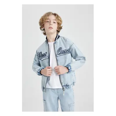 DEFACTO Boys College Collar Zippered Pocket Seasonal Printed Jean Bomber Jacket