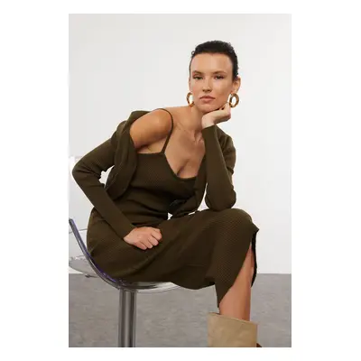 Trendyol Khaki Fitted Midi Knitwear Cardigan Dress Suit