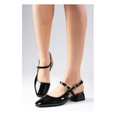 Mio Gusto Thea Black Color Patent Leather Open Back Side Buckle Women's Flat Toe Short Heeled Sh