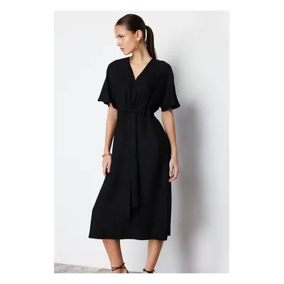 Trendyol Black Tie Detailed A-line V-neck Midi Woven Dress