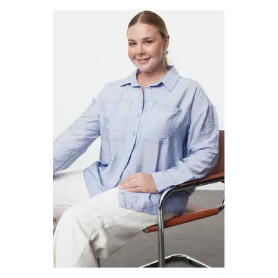 Trendyol Curve Blue Long Sleeve Double Pocket Woven Plus Size Shirt