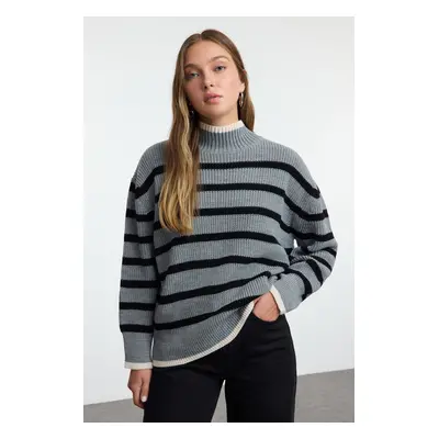 Trendyol Anthracite Wide Pattern Striped Knitwear Sweater