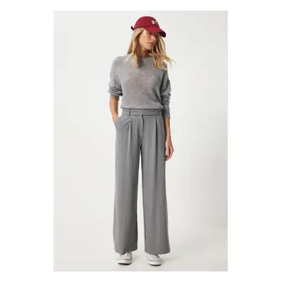 Happiness İstanbul Women's Grey Thin Striped Wide Leg Trousers