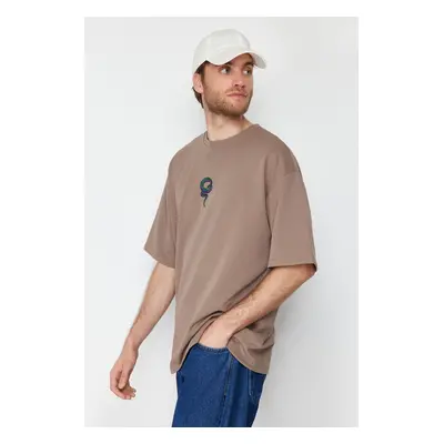 Trendyol Limited Edition Mink Oversize Snake Embroidered Thick Premium T-Shirt