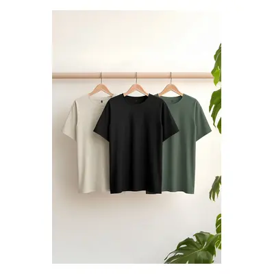 Trendyol Black-Stone-Dark Green Oversize/Wide Cut Pack 100% T-Shirt