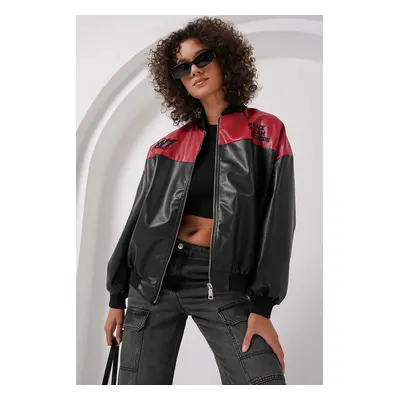 Bigdart Printed Faux Leather Bomber Jacket - Claret Red