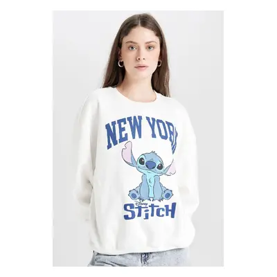 DEFACTO Cool Disney Lilo & Stitch Oversize Wide Pattern Crew Neck Printed Thick Sweatshirt