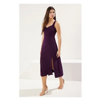 Trendyol Plum A-Line Pleated/Draped Detailed Slit Midi Stretch Knit Dress