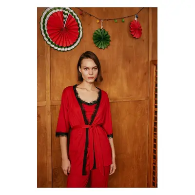 DEFACTO Fall In Love New Year's Themed Wrap Collar Half Sleeve Belted Dressing Gown