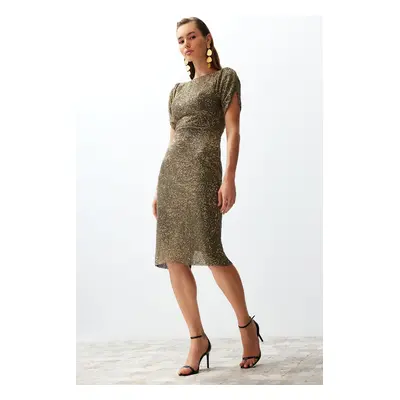 Trendyol Gold Fitted Shiny Knitted Sequin Elegant Evening Dress