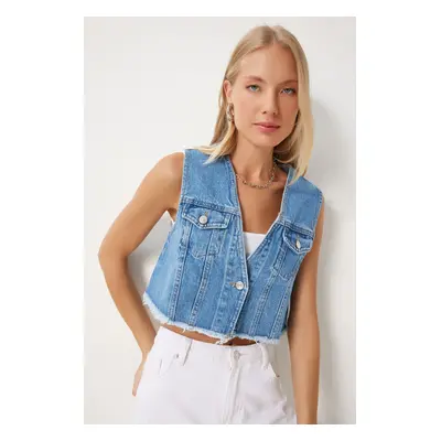 Happiness İstanbul Women's Blue Pocket Crop Denim Vest