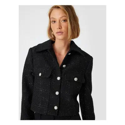 Koton Tweed Crop Jacket with Buttoned Flap Pocket Detail