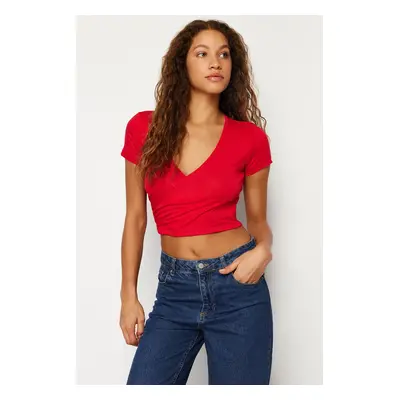 Trendyol Red Fitted/Situated Double Breasted Neck Crop Viscose Stretch Knit Blouse