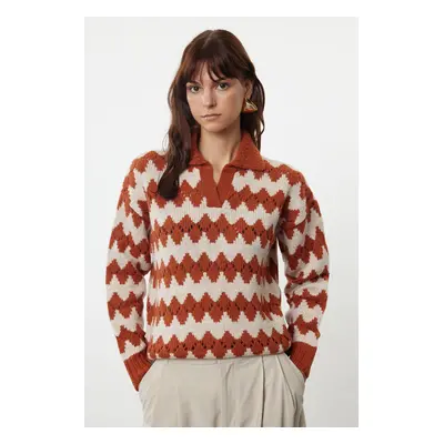 Trendyol Brick Openwork/Hole Soft Texture Polo Neck Knitwear Sweater