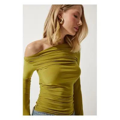 Happiness İstanbul Women's Oil Green Draped Collar Gather Detailed Blouse