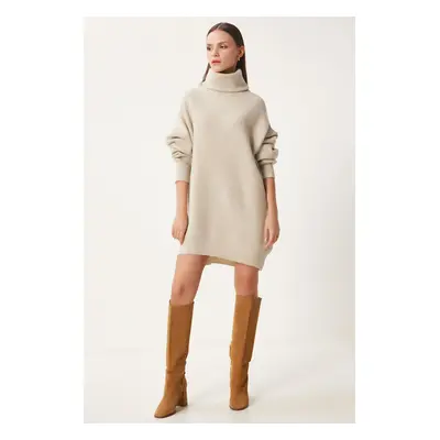 Happiness İstanbul Women's Stone Turtleneck Long Knitwear Sweater