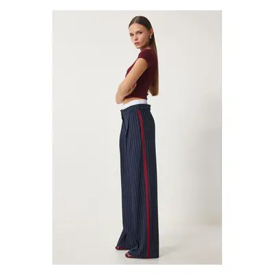 Happiness İstanbul Women's Navy Blue Contrast Waist Detailed Striped Woven Trousers