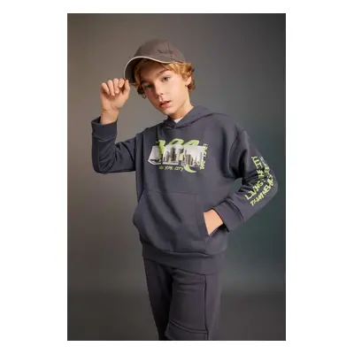 DEFACTO Boy Oversize Wide Pattern Hooded Printed Sweatshirt