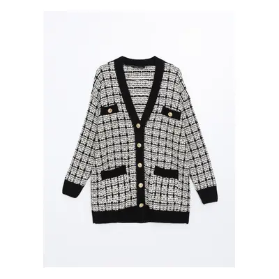 LC Waikiki V Neck Plaid Women's Knitwear Cardigan