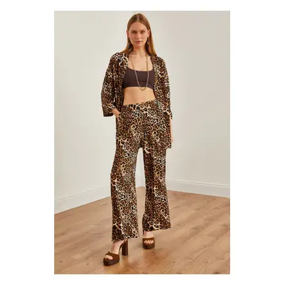 Olalook Women's Leopard Black Top Kimono Bottom Pocket Palazzo Trousers Set