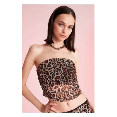 DEFACTO Leopard Print Strapless Tulle Blouse