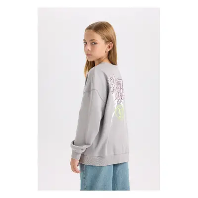 DEFACTO Girl Gray Oversize Wide Pattern Crew Neck Back Printed Sweatshirt