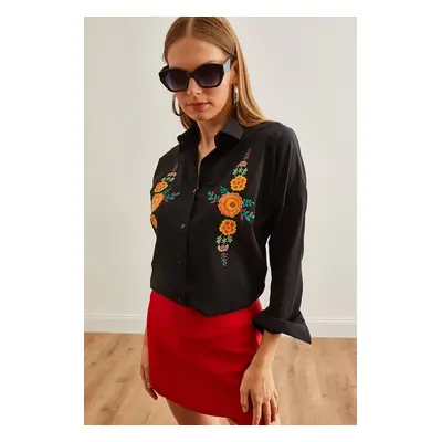 Olalook Women's Orange Floral Black Embroidery Detailed Oversize Woven Shirt