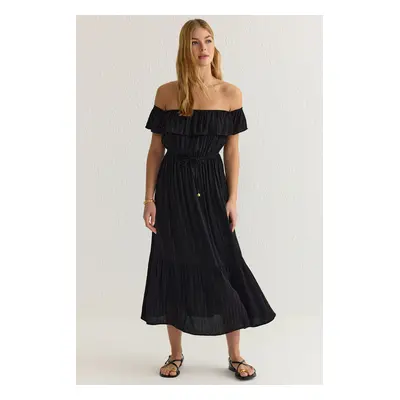 Trendyol Black Striped Waist Opening Midi Woven Dress