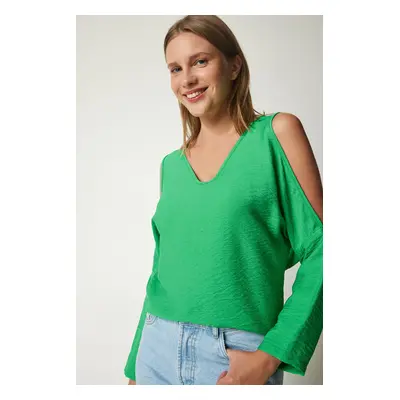 Happiness İstanbul Women's Green Decollete Flowy Ayrobin Blouse