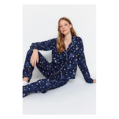 Trendyol Indigo Galaxy Patterned Viscose Woven Pajama Set