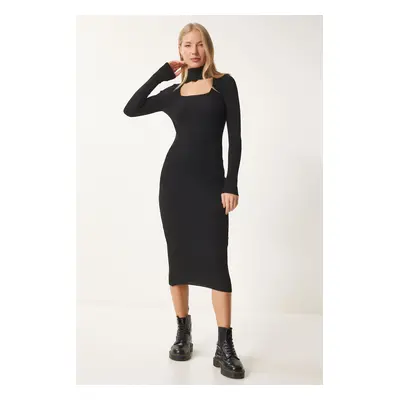 Happiness İstanbul Women's Black Cut Out Detailed Stand Collar Ribbed Knit Dress