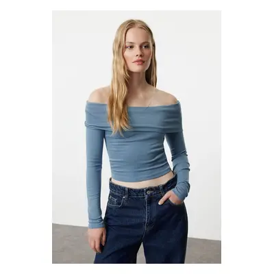 Trendyol Indigo Carmen Collar Crop/Short Stretchy Knitted Blouse