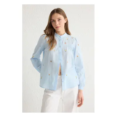 Trendyol Blue Floral Embroidered Woven Shirt