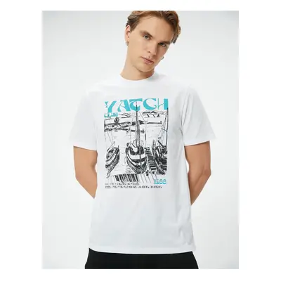 Koton Marine Printed T-Shirt with Slogan Crew Neck Short Sleeve